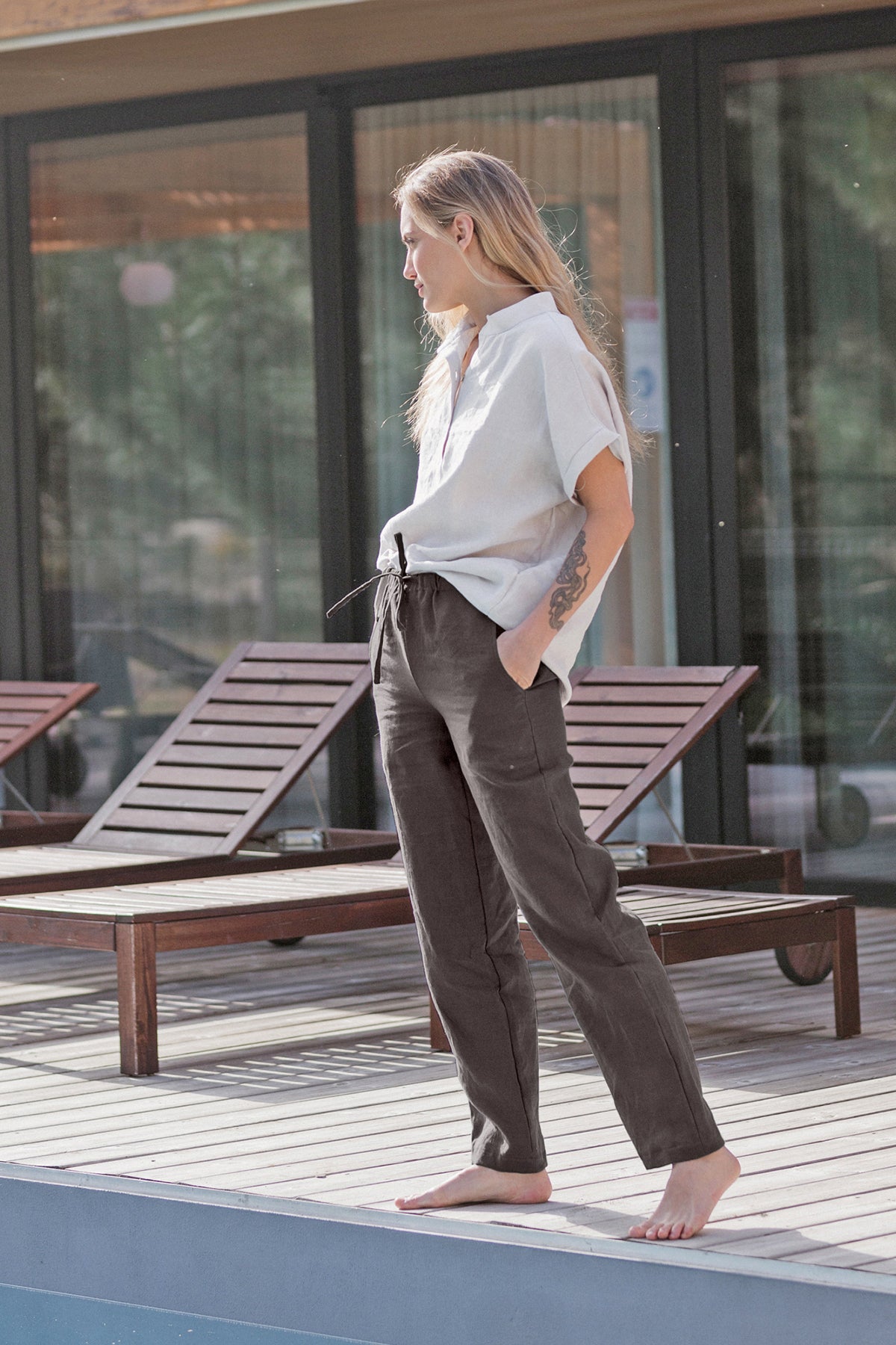 MoFiz Pantalon Femme Lin Été Taille Fluide - Pantalon Décontracté Droit Avec Cordon, Poches Latérales, Confort Respirant