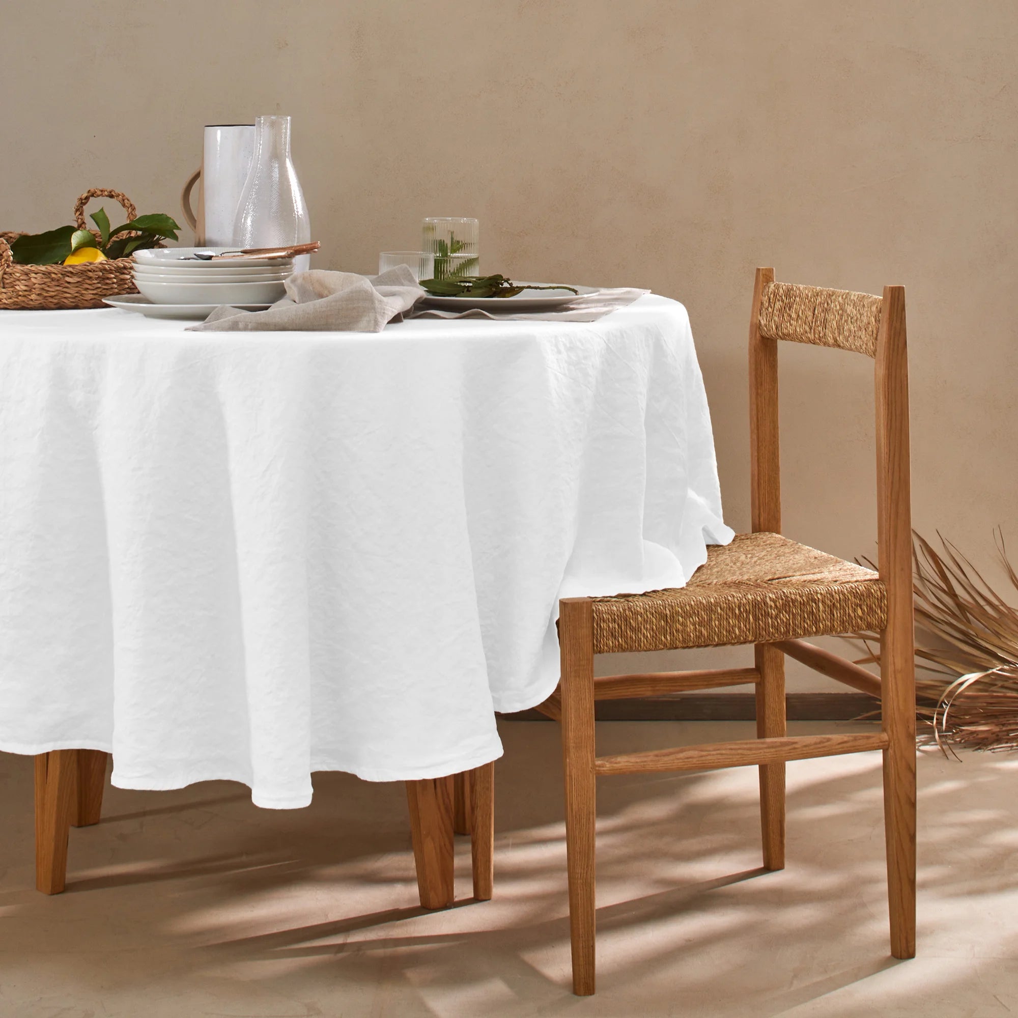 Grande Nappe En Lin Bicolore 258x170cm + 12 Serviettes Brodées Blanc Et Ficelle