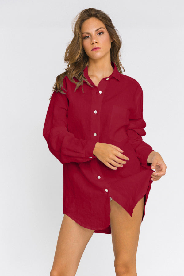 Chemise boyfriend femme en lin bordeaux Linenshed