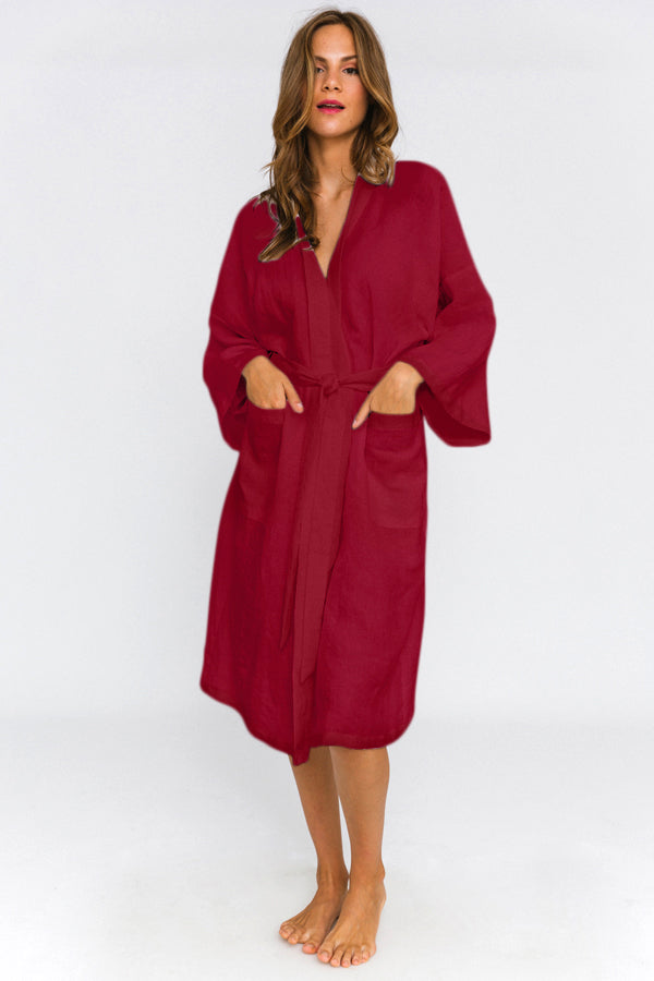 Peignoir long pour femme en lin bordeaux Linenshed