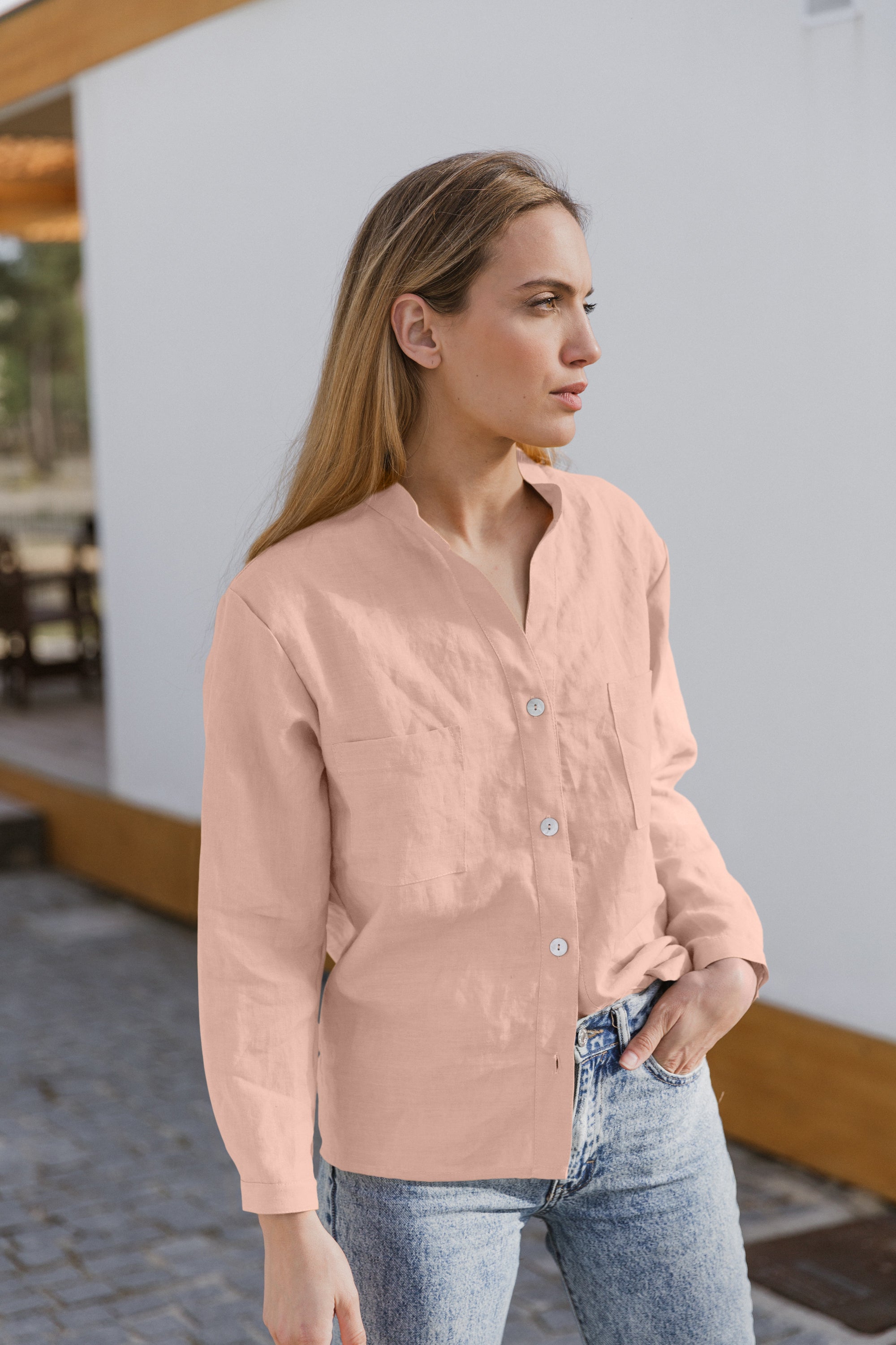 Chemise manches longues lin mélangé rose clair homme Chemise manches longues lin mélangé rose clair homme