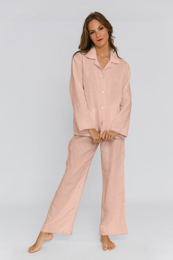 Pyjama long femme en lin rose Linenshed