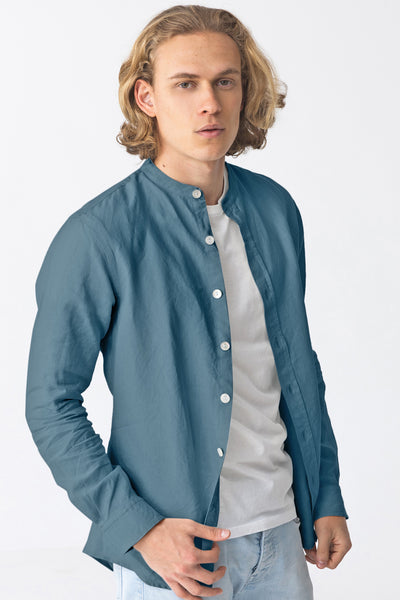 Chemise en lin col mao “Natanael” Bleu Francais 