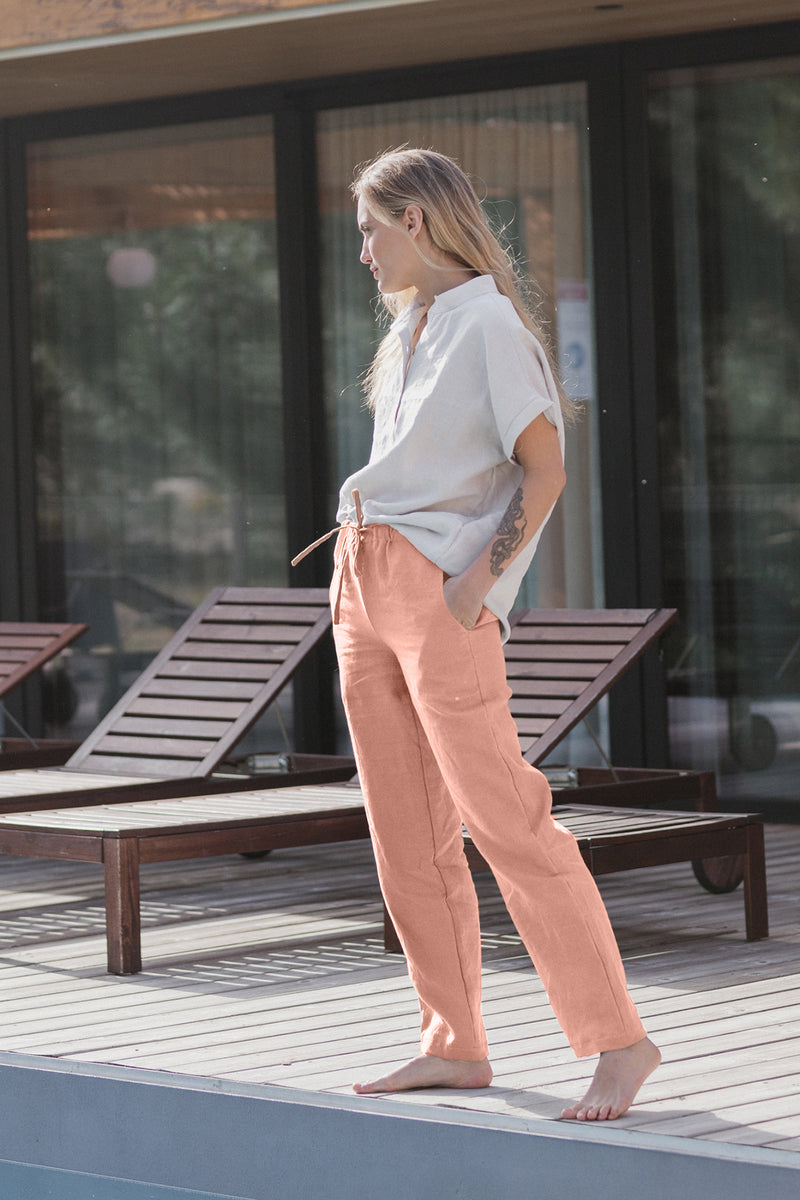 Pantalon décontracté pour femme en lin Rose 