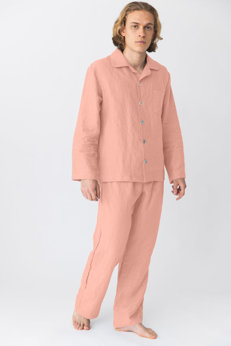 Pyjama long homme en lin lavé Rose 