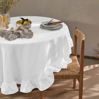 Nappe ronde en lin à volant blanc optique