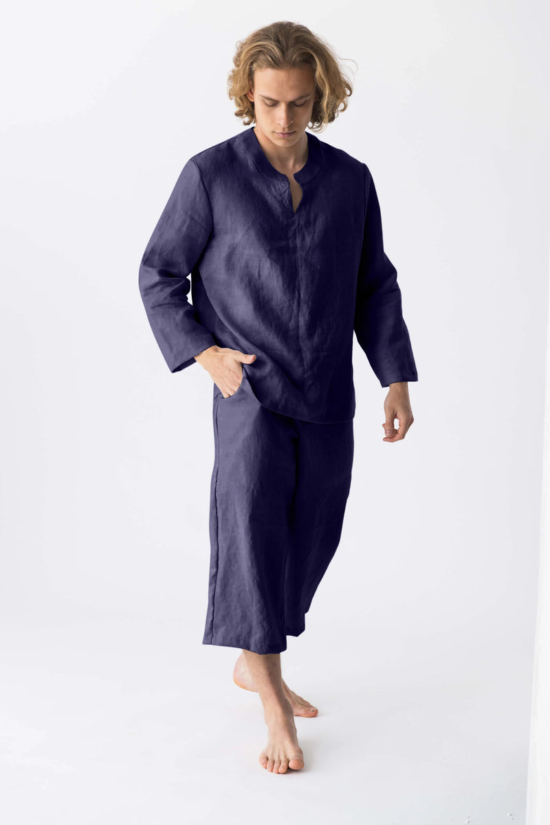 Tunique homme manche longue en lin bleu nuit Linenshed