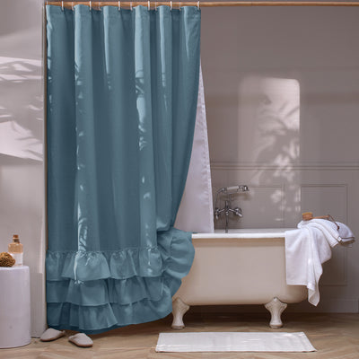 Rideau de douche en lin lavé à volant Bleu Francais