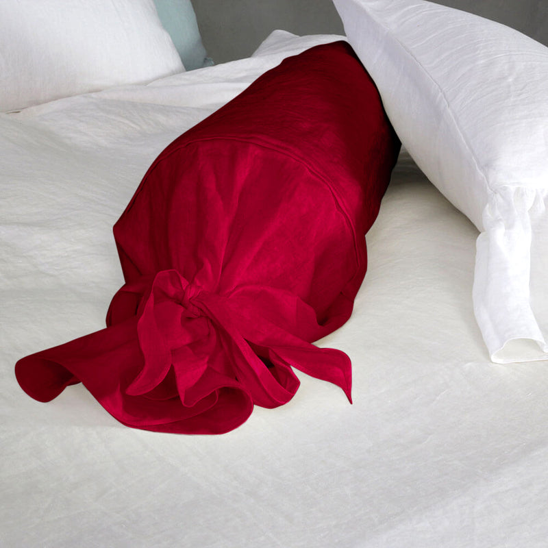 Taie de traversin en lin avec noeud bordeaux