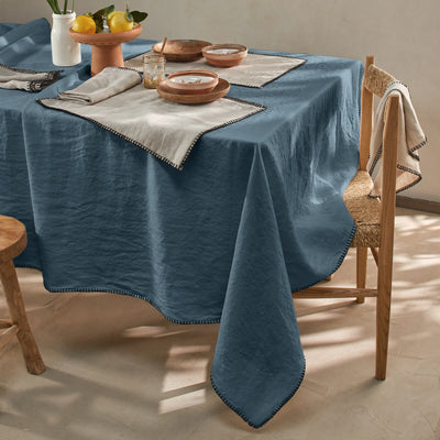 Nappe rect. point de cheval en lin lavé bleu français