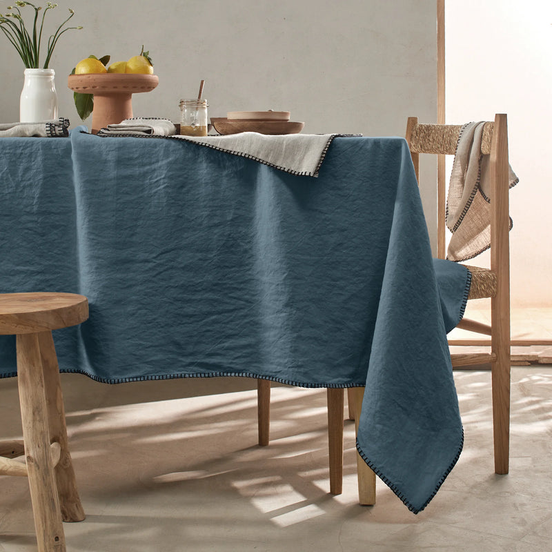 Nappe rect. point de cheval en lin bleu français