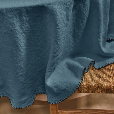 Nappe en lin ronde avec point de cheval bleu français