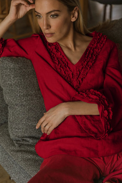 Robe de nuit courte en lin lavé à mini volants bordeaux