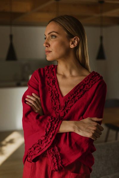 Robe de nuit courte en lin lavé à mini volants bordeaux