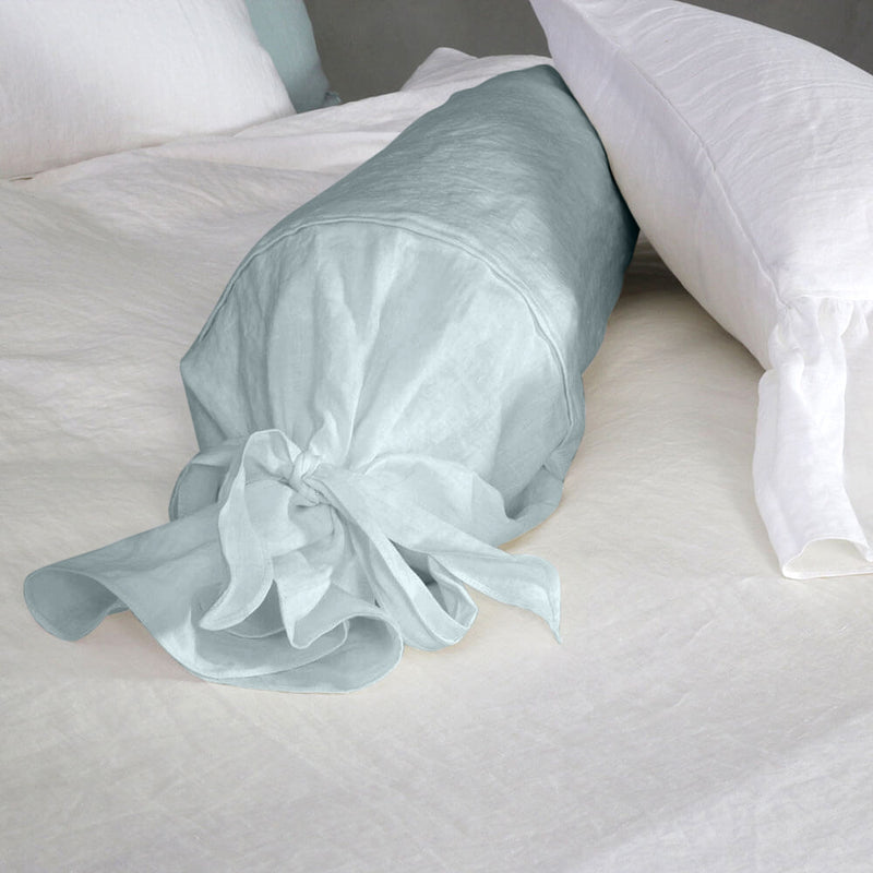 Taie de traversin en lin avec noeud bleu glacier