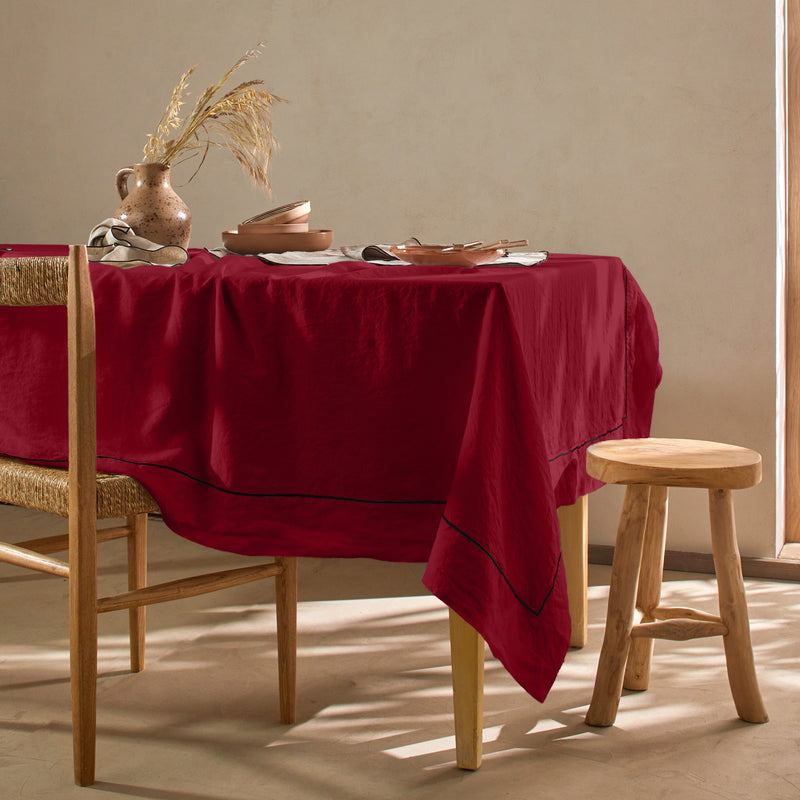 Swatch pour nappe sur mesure bord bourdon en lin bordeaux