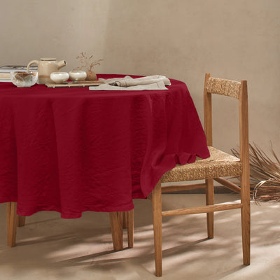 Nappe ovale sur mesure en lin lavé ajouré bordeaux