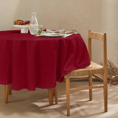 Nappe ronde en lin lavé bord crochet bordeaux