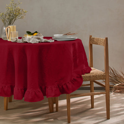 Nappe ronde en lin à volant bordeaux