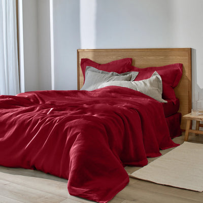 Housse de couette en lin à bords plats bordeaux