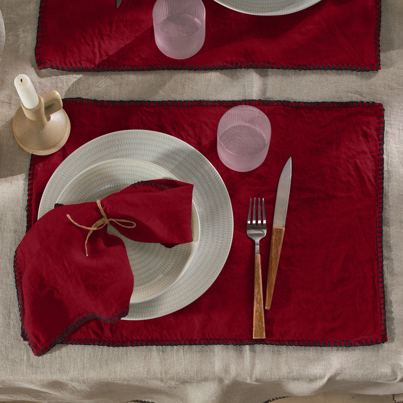 Sets de table "Point de Cheval" en lin lavé bordeaux