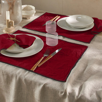 Sets de table "Point de Cheval" en lin bordeaux