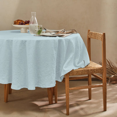 Nappe ronde en lin lavé bord crochet bleu glacier