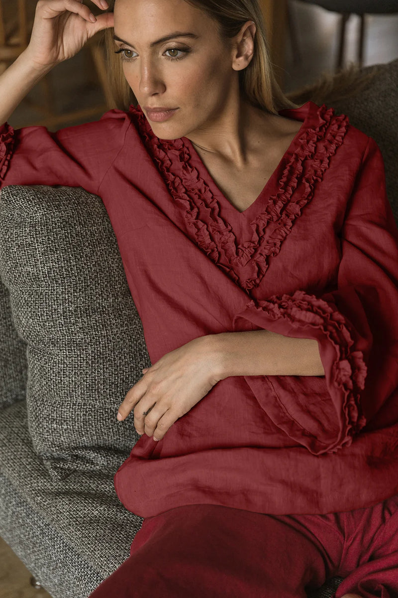 Robe de nuit courte en lin lavé à mini volants brique