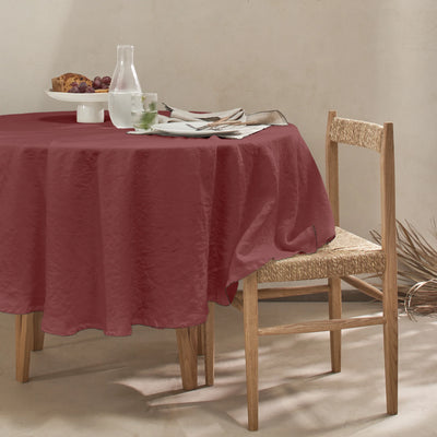 Nappe ronde en lin lavé bord crochet rouge brique