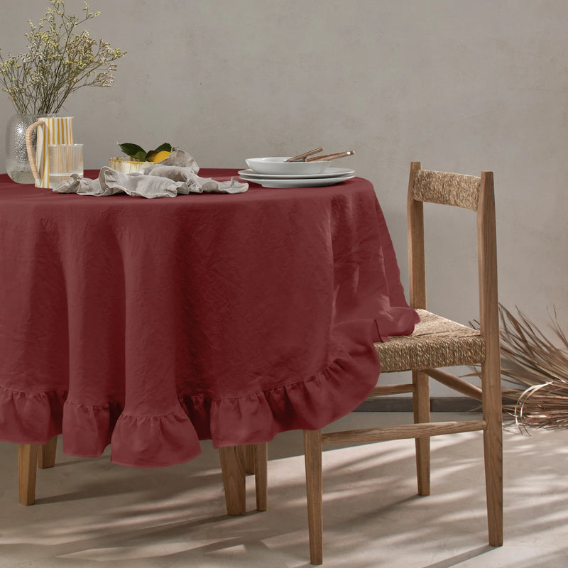 Nappe ronde en lin à volant brique