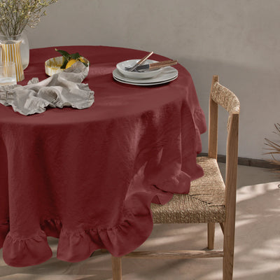 Nappe ronde en lin lavé à volant brique