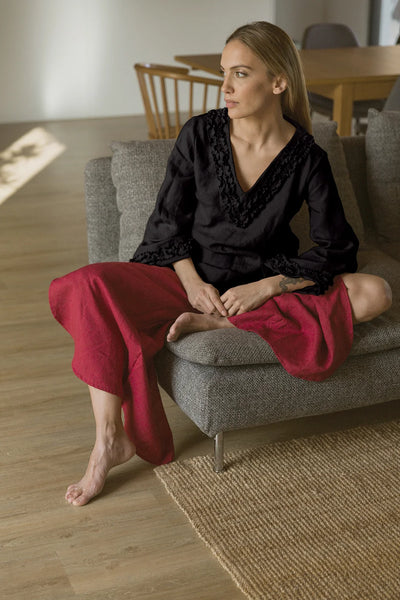 Robe de nuit courte en lin à mini volants Encre Noire