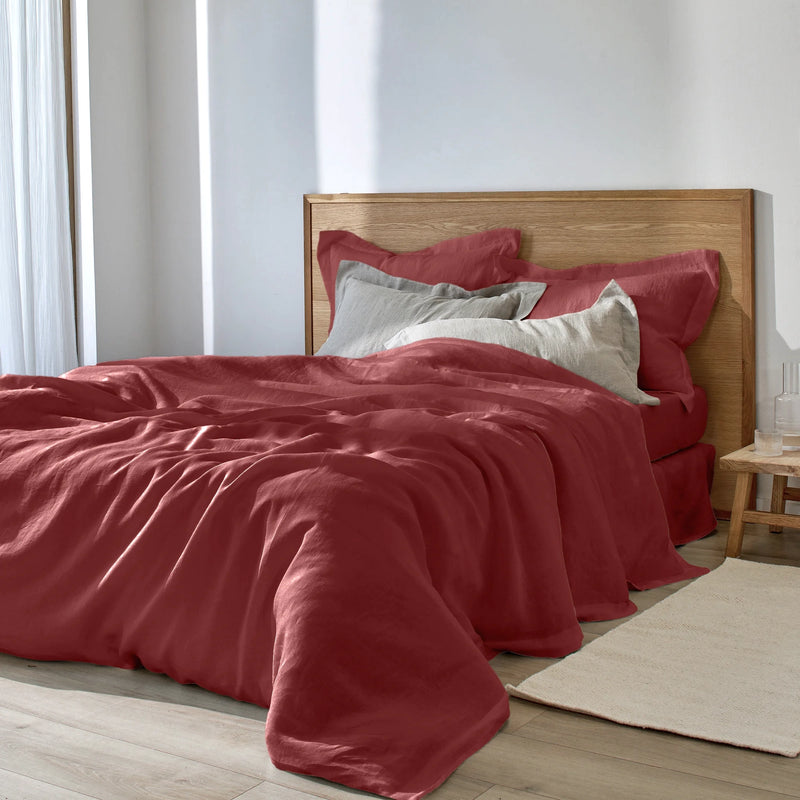 Housse de couette en lin à bords plats rouge brique