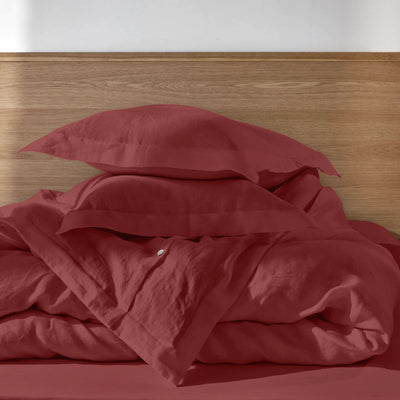 Housse de couette en lin lavé à bords plats rouge brique