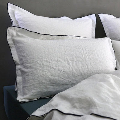 Taies d'oreiller à bords Bourdon en lin #colour_blanc-optique