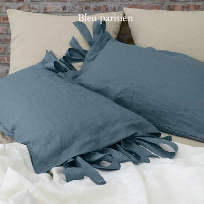 Taies d'oreiller en lin lavé à nœuds #colour_bleu-francais