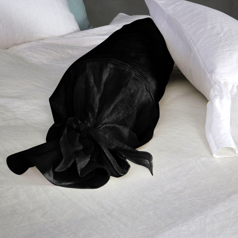 Taie de traversin en lin avec noeud encre noire