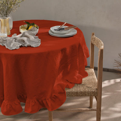 Nappe en lin lavé ovale a volant corail