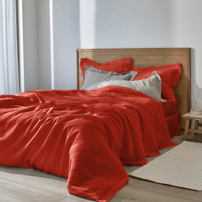 Housse de couette en lin à bords plats corail