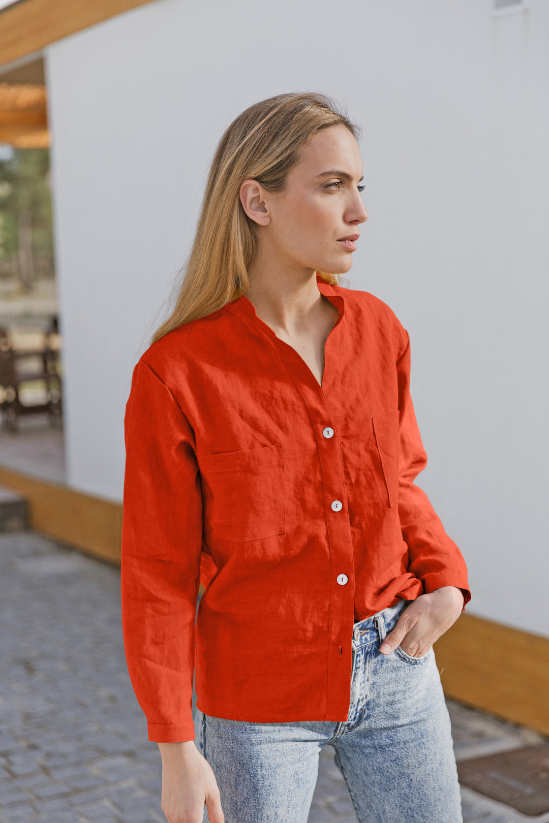 Chemise été 100% Lin Rouge/corail Jones New York – Taille S, Manches Longues, Occasion En Très Bon état