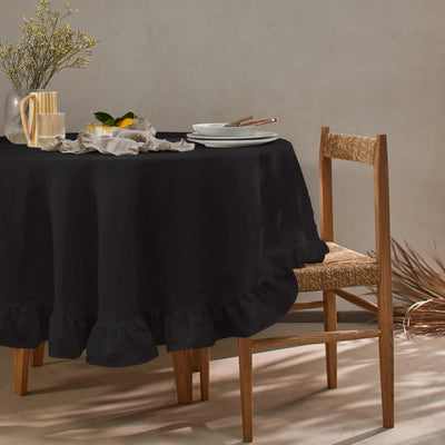 Nappe ronde en lin à volant encre noire