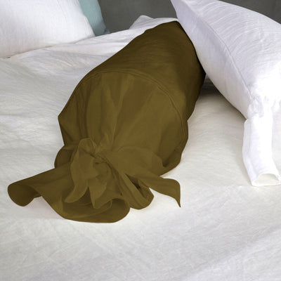 Taie de traversin en lin avec noeud vert olive