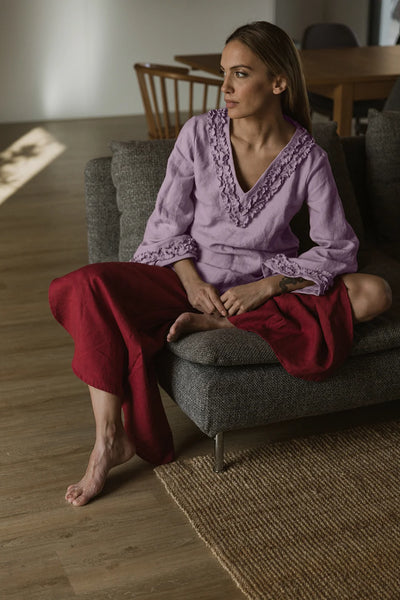 Robe de nuit courte en lin à mini volants Lilas