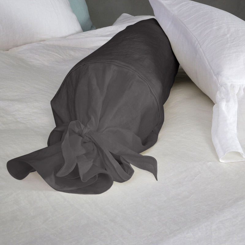 Taie de traversin en lin avec noeud gris plomb