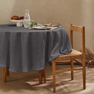 Nappe ronde en lin lavé bord crochet gris plomb