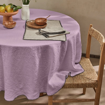 Nappe ronde en lin point de cheval lilas