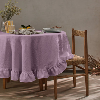 Nappe ronde en lin à volant lilas