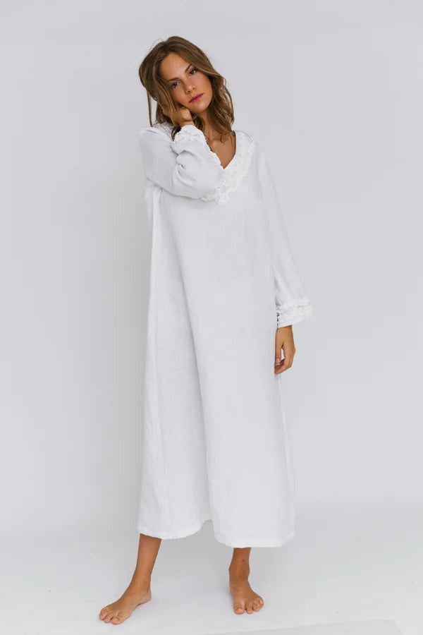 Longue Robe de nuit en lin lavé à mini volants Blanc 15 