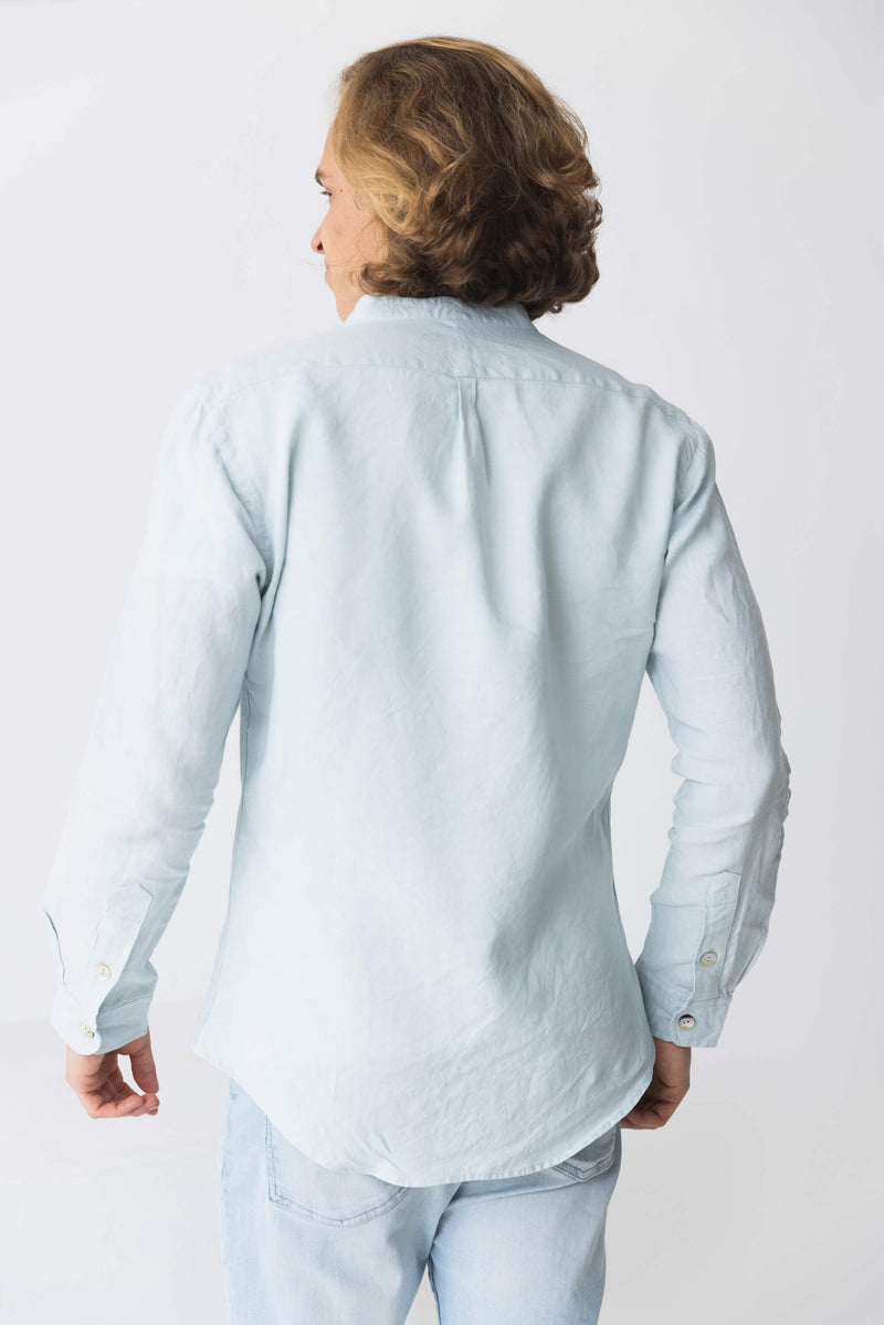 Chemise col mao en lin “Natanael” bleu-glacier 7 