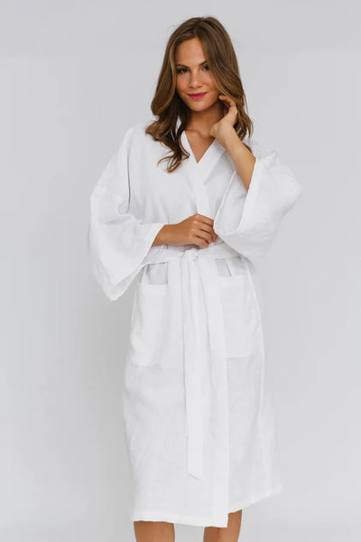 Peignoir long en lin style Kimono #colour_blanc-optique